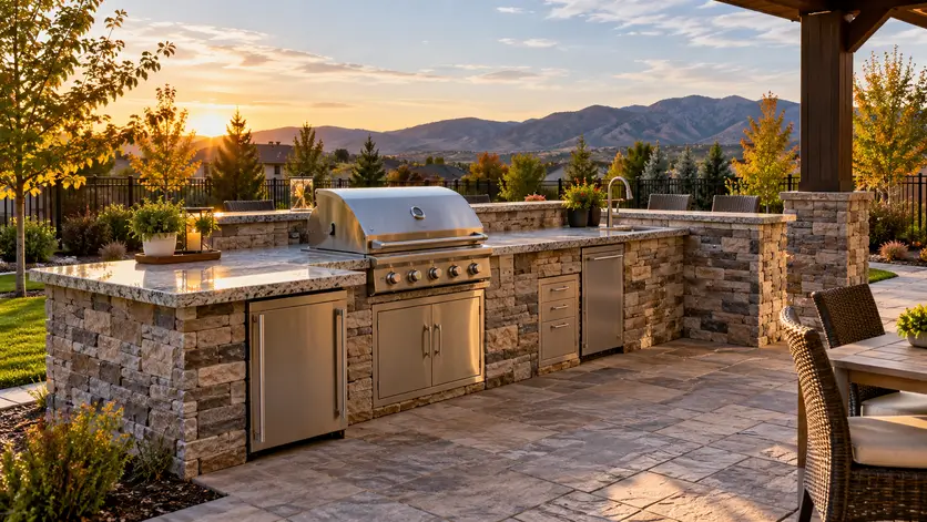 A finished outdoor kitchen counter with a built-in grill, stone countertop, and stacked-stone veneer on a backyard patio.