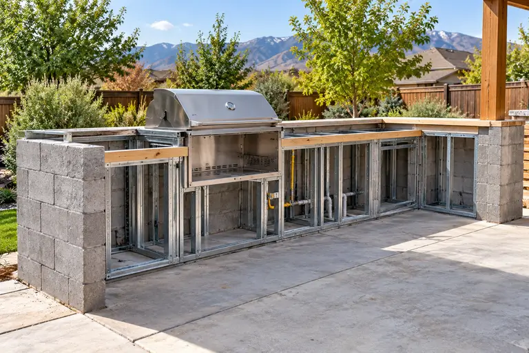 A partially framed outdoor kitchen counter base awaiting countertop and veneer installation.
