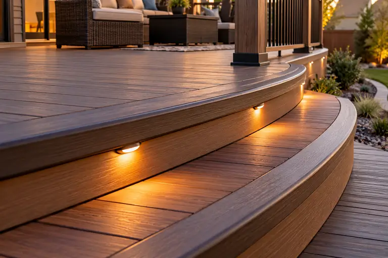 A curved deck edge with built-in step lighting and clean finish trim.