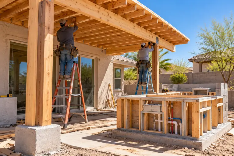Builders framing a covered patio structure beside an outdoor kitchen under construction.