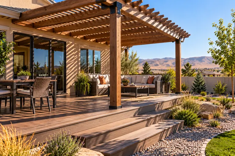 A pergola-covered deck providing shade over a seating area on a sunny afternoon.
