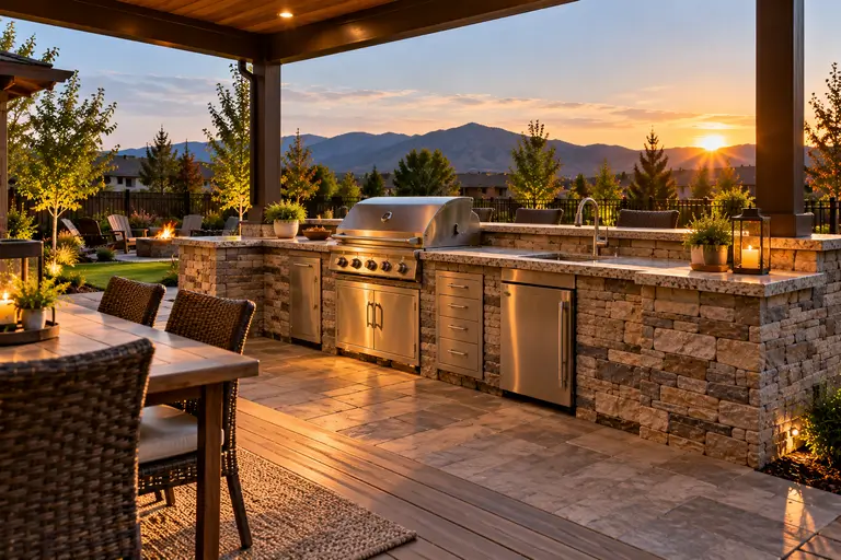 A covered outdoor kitchen built into a deck, showing the roof structure overhead and the surface beneath it.
