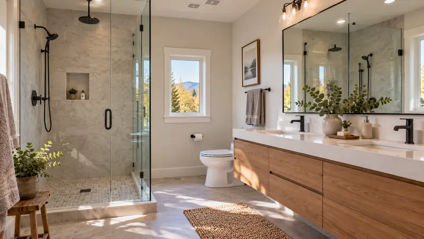 A finished small bathroom remodel featuring a glass walk-in shower, floating vanity, and large mirror that make the space feel open.