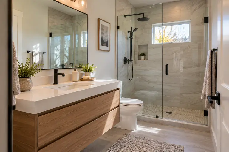 A small bathroom with a floating vanity, wide mirror, and clear glass shower enclosure that make the room feel larger.