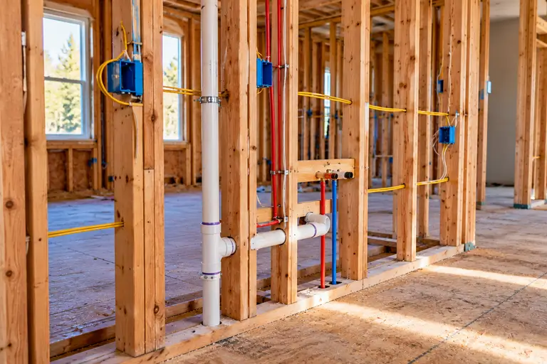 Exposed wall framing with new plumbing and electrical rough-in before drywall is installed.