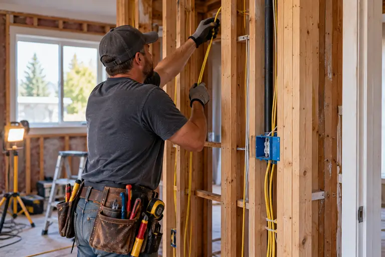 An electrician wires a wall during a home remodeling project, part of the trade partner work a remodeler's price covers.
