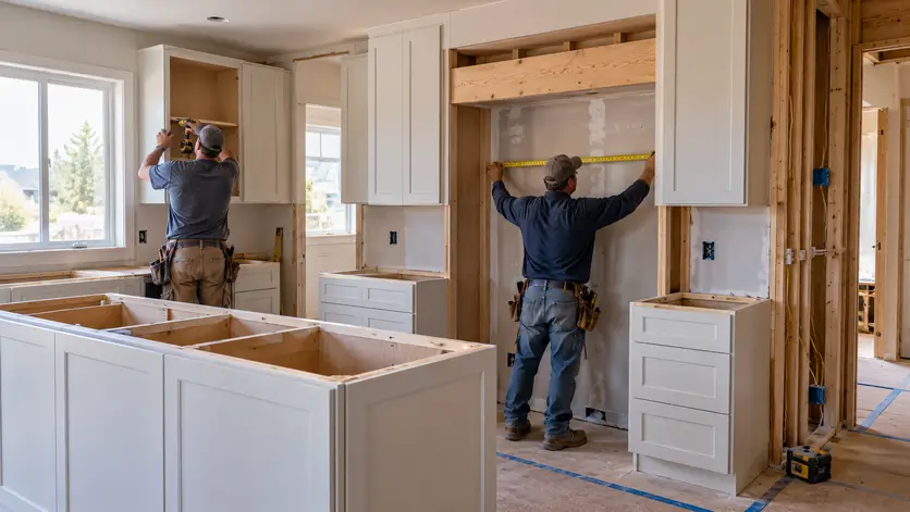 A remodeling crew works on cabinetry installation inside a home mid-renovation.