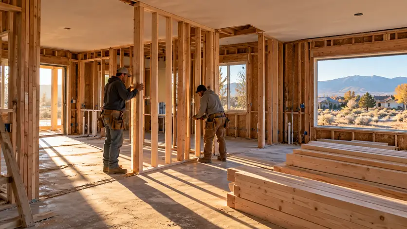 A construction crew framing new interior walls during a whole-house renovation in the Treasure Valley.