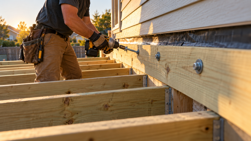 A carpenter fastens a deck ledger board to a house with flashing visible during framing construction.