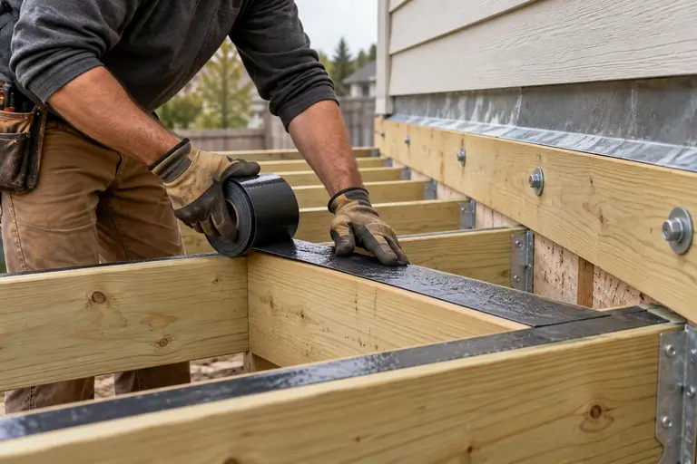 Joist tape is applied along a deck joist while flashing is lapped behind the house siding at the ledger connection.
